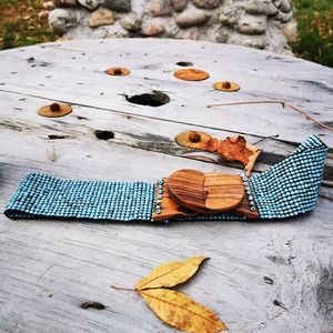 Beaded Turquoise Stretchy Belt with Wooden Hook Clasp Buckle